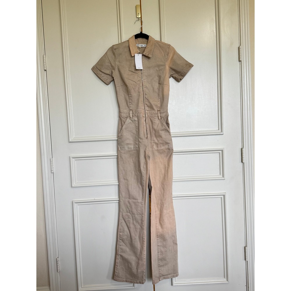 Mango Denim Cream Short Sleeve Zip Jumpsuit Women's‎ Sz XS MNG